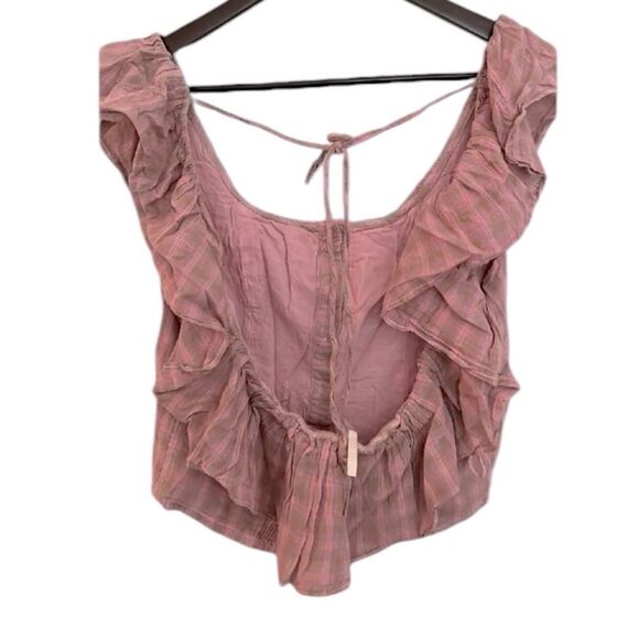 Free people corset ruffle Pink Plaid Ruffle Button-Down Top size small - Picture 5 of 8